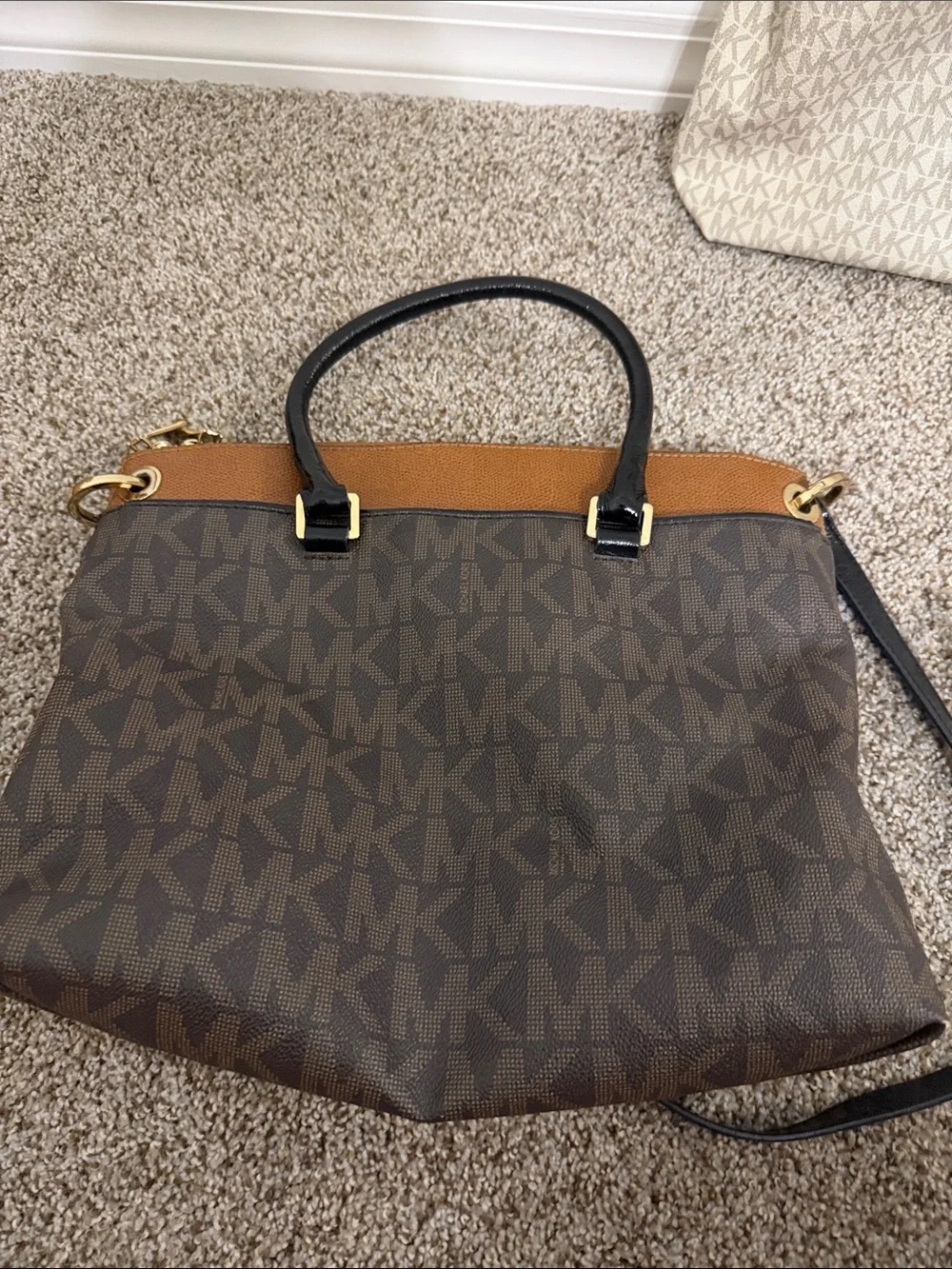 Michael Kors Brown and Cream MK Logo Shoulder Bags Duo